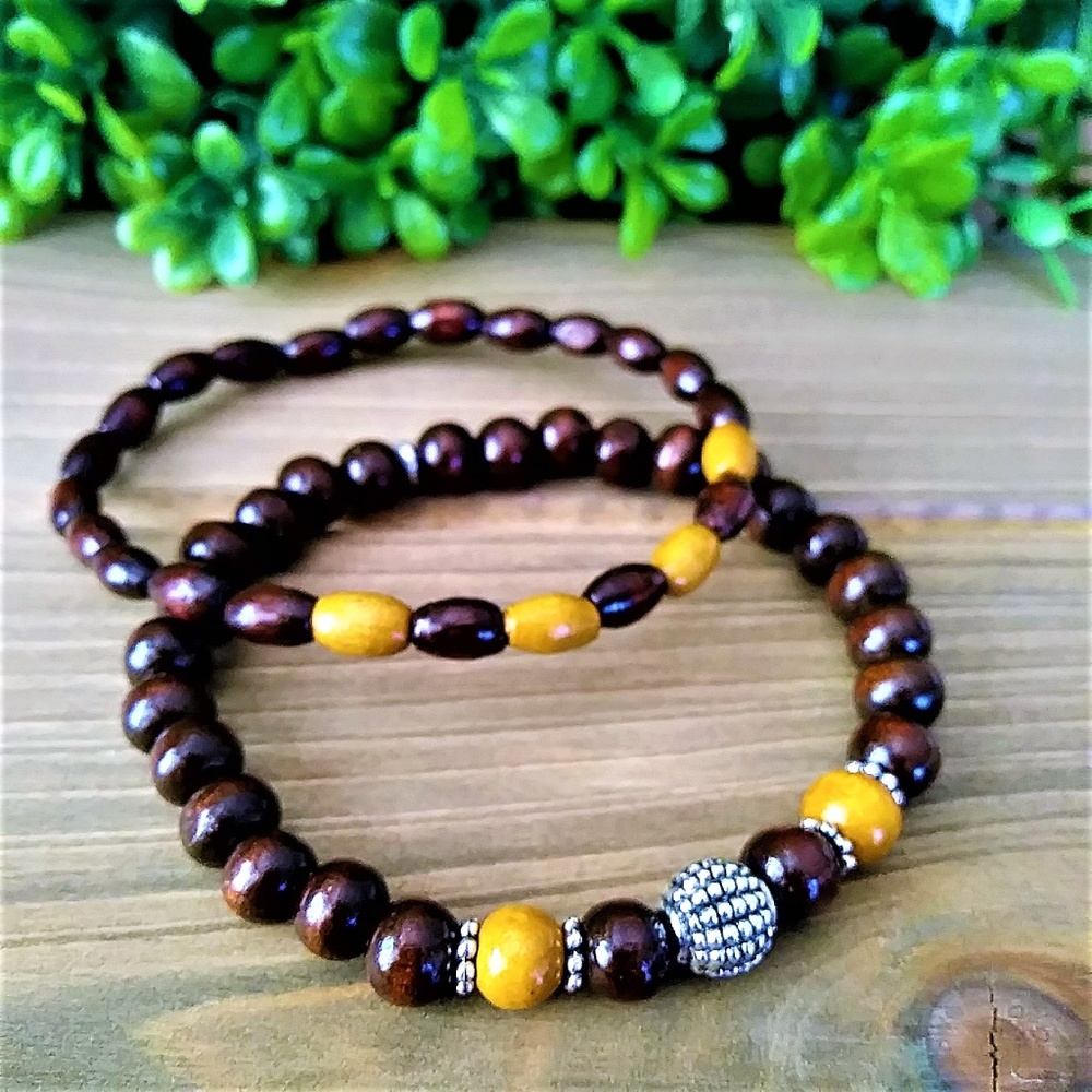 New Mens Wood and Tibetan Silver Beaded Bracelets